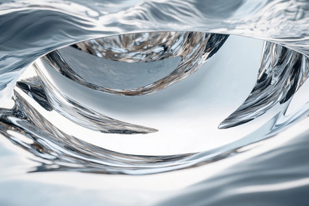 A stunning silver plate exhibits a mirror effect that beautifully distorts and reflects its surroundings. The intricate curves draw the eye while evoking a sense of sophistication and artful design.の素材