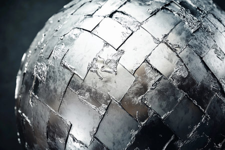 Captivating sphere crafted from woven silver metal reflects light beautifully, showcasing intricate textures. The interplay of shadows highlights its unique craftsmanship in an artistic setting.の素材