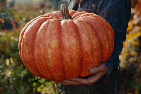 In a vibrant autumn landscape, a farmer holds a gigantic organic pumpkin with pride. The warm colors reflect the season's beauty, showcasing the hard work and dedication of sustainable farming.の素材