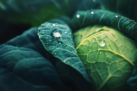 Bright green cabbage leaves glisten as droplets of rain cling to their surface, illuminated by gentle morning light. Nature's beauty showcases a tranquil moment after a refreshing shower.の素材