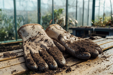 Soil-covered gardening gloves lie on a wooden bench, revealing a day spent cultivating plants in a greenhouse. Sunlight filters through glass, bringing warmth to the workspace.の素材