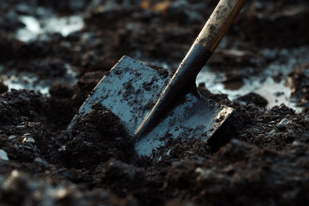Morning light glistens on a freshly dug patch of soil, where a sturdy shovel sinks deeply into the damp earth. The air is filled with the earthy scent of wet soil, ready for planting.の素材