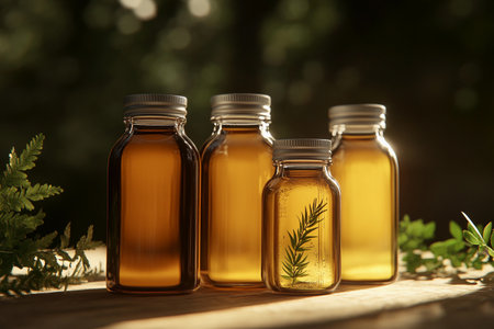 Four glass jars filled with golden oils rest on a rustic wooden table, illuminated by soft sunlight filtering through foliage.の素材