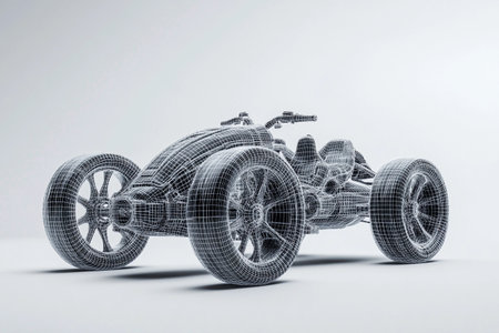 A semi-tricycle stands out with its futuristic design, showcasing a detailed wireframe structure. The rendering highlights the unique features and engineering creativity involved.の素材