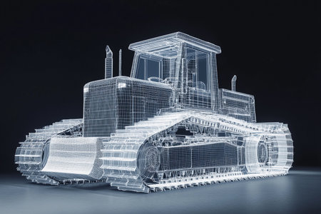 A detailed wireframe model of a bulldozer showcases its robust structure and advanced features. The illuminated design highlights the intricate mechanics, emphasizing innovation in machinery.の素材