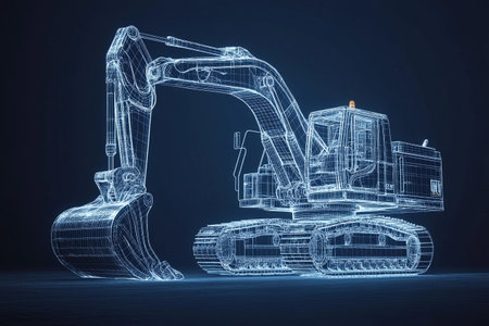 This intricate digital rendering captures a futuristic excavator in a detailed wireframe format, highlighting its mechanical features and advanced construction technology.の素材
