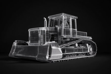 A complex rendition showcases a bulldozer in a wireframe format, highlighting its mechanical details and robust structure.の素材