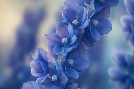Bright delphinium flowers bloom gloriously, showcasing their stunning blue hues in a vibrant garden. The early morning light illuminates the blossoms, creating a serene ambiance.の素材