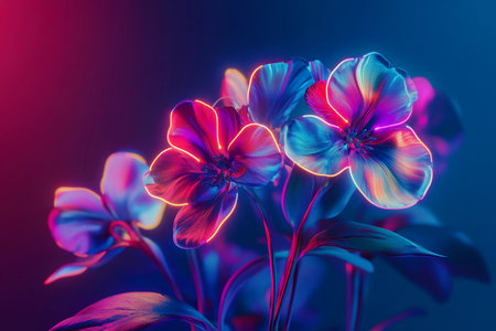 A cluster of flowers radiates with neon colors, casting an enchanting glow against a dark backdrop. The lively hues create a surreal atmosphere, captivating anyone who gazes upon them.の素材