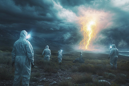 In a remote, darkened landscape, several figures clad in protective suits gather as vibrant lightning illuminates the stormy skies, creating an atmosphere of intrigue and foreboding.の素材