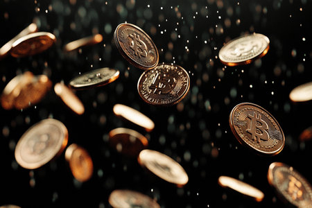 Golden coins cascade gracefully in mid-air, capturing the light against a deep black background, evoking feelings of wealth and possibility in a digital currency world.の素材