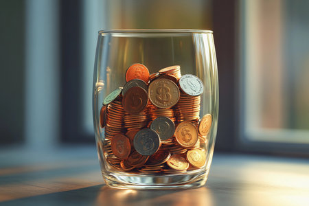 A glass jar filled with a vibrant mix of shiny coins reflects the warm sunlight, symbolizing the growth of savings. The coins are stacked high, showcasing financial aspirations and security.の素材