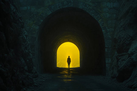 A solitary figure emerges from the shadows of a dark tunnel, silhouetted against a vibrant yellow light at the entrance. The atmospheric setting evokes mystery and anticipation.の素材