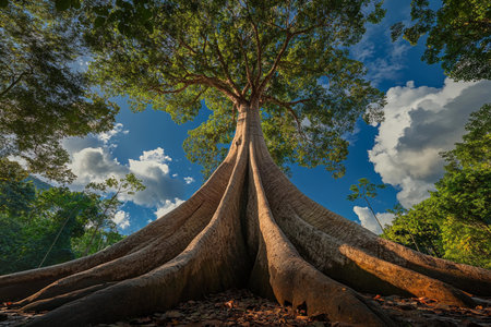 Under a bright blue sky sprinkled with fluffy clouds, a massive Ceiba tree showcases its wide trunk and expansive roots.の素材