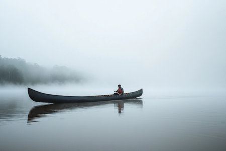 Misty tendrils of fog envelop the tranquil Amazon river as a solitary boat glides silently across the water. Early morning stillness invites reflection and peace amid the lush surroundings.の素材