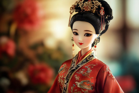 This enchanting doll, adorned in a vibrant silk dress, showcases intricate embroidery and exquisite details. Set against a soft, blurred background, it captures a timeless essence of cultural beauty.の素材