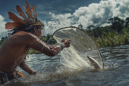 An accomplished fisherman from an Amazon tribe skillfully captures fish using traditional net techniques. The lush greenery and dramatic sky reflect the beauty of this untouched landscape.の素材