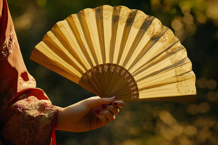 A hand gracefully clutches a traditional Chinese fan, its intricate design illuminated by the golden light of sunset. The soft colors reflect a serene moment in a tranquil outdoor setting.の素材