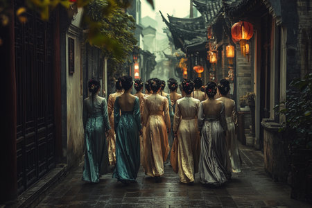 A group of women adorned in vibrant silk Qipao dresses gracefully walks together along a narrow, lantern-lit street. The atmosphere exudes a blend of tradition and serenity as dusk settles in.の素材