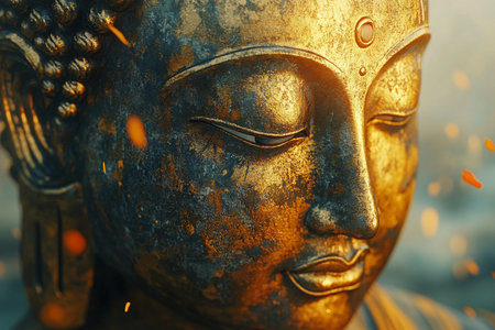 A golden Buddha statue exudes serenity, illuminated by soft light. Surrounding petals gently dance in the air, enhancing the calm atmosphere of this sacred moment captured in time.の素材