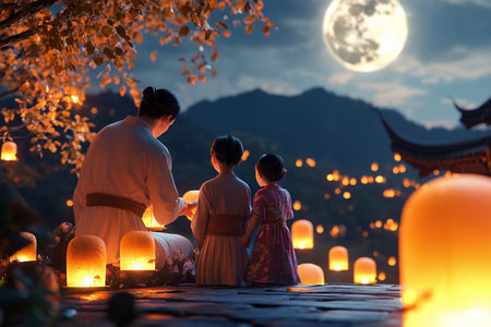 Celebrating a magical festival, a family gathers by the water, lighting lanterns that float into the night. The full moon casts a serene glow over the enchanting scene, creating lasting memories.の素材