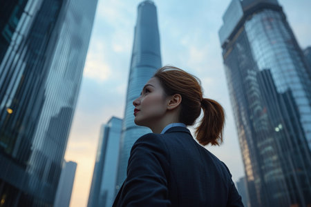 Clad in a sharp business suit, a woman thoughtfully surveys the towering skyline.の素材