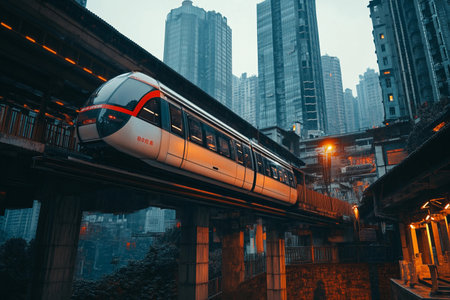 A sleek monorail train navigates elevated tracks among towering skyscrapers at dusk, illuminating the city with its bright lights. The atmosphere blends modernity with urban charm.の素材