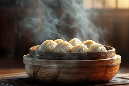 Nestled in a warm setting, the bamboo basket reveals soft, steaming baozi buns. A delightful culinary experience awaits as the aroma fills the air, inviting everyone to savor their deliciousness.の素材