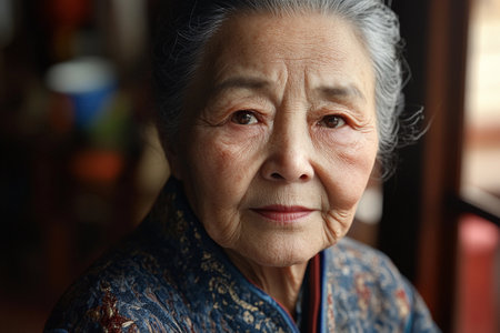 The elderly Chinese woman gazes thoughtfully, her weathered face telling stories of resilience and wisdom. Bright colors and intricate patterns surround her in a warm, inviting atmosphere.の素材