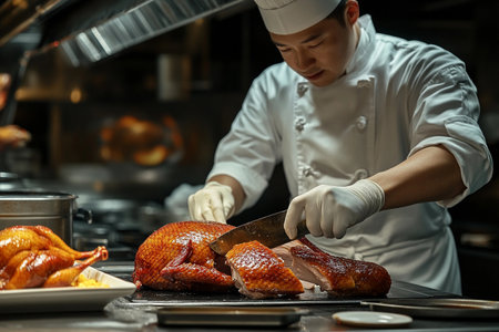 A talented chef expertly carves perfectly roasted Peking duck in a bustling kitchen. The aroma fills the air as he prepares to serve this iconic dish, showcasing his culinary skills and artistry.の素材