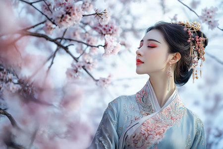 Draped in elegant traditional attire, the woman stands gracefully among cherry blossom branches, basking in the soft spring sunlight that enhances her serene beauty and cultural heritage.の素材