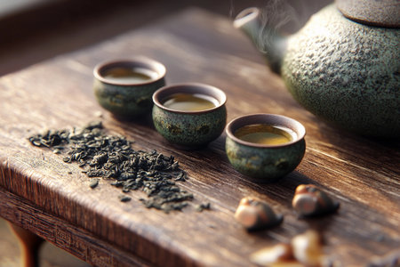 Three small cups filled with golden tea rest on a wooden table, surrounded by loose tea leaves and gentle steam rising from a traditional teapot, encapsulating a moment of serenity.の素材