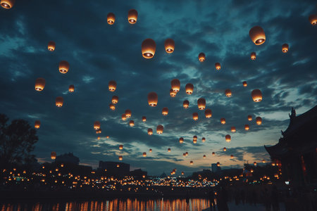 Countless lanterns drift gracefully into the dusky sky, casting a warm glow over a serene river at dusk. The silhouettes of buildings and trees frame this enchanting spectacle.の素材