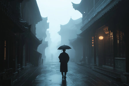 A lone man, shrouded in mist, strolls through narrow, deserted streets lined with traditional architecture. The dim glow of lanterns flickers in the fog, creating an enchanting atmosphere.の素材
