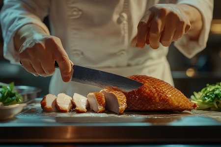 In a bustling kitchen, a talented chef skillfully slices into a perfectly roasted Peking duck, revealing its crispy skin and tender meat. The aroma fills the air, creating a culinary masterpiece.の素材