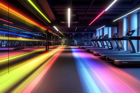 In a bustling gym, dynamic energy fills the air as colorful lights streak across the workout space. Treadmills line up, inviting fitness enthusiasts to embrace their active lifestyle.の素材