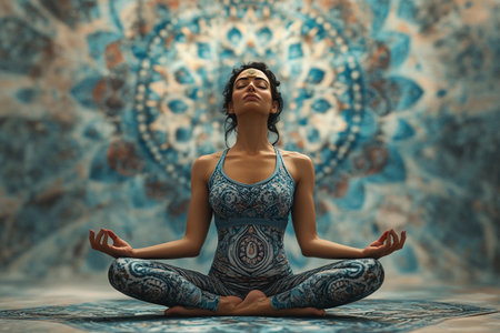 In a tranquil setting filled with beautiful mandala patterns, a woman performs a yoga pose, channeling serenity and mindfulness. Her calm expression radiates inner peace and harmony.の素材