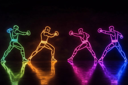 Vibrant silhouettes of kickboxers engage in a lively training session. The neon colors illuminate their movements, highlighting their athleticism and dedication to the sport.の素材