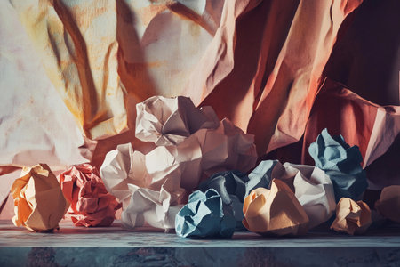 Colorful crumpled paper shapes blend together to create a stunning visual display, showcasing the delicate balance between chaos and harmony in an artistic arrangement.の素材
