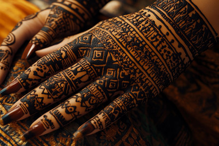 Delicate henna patterns reminiscent of Aztec culture adorn a beautifully positioned hand. The intricate designs showcase artistry and cultural expression, highlighting the beauty of tradition.の素材