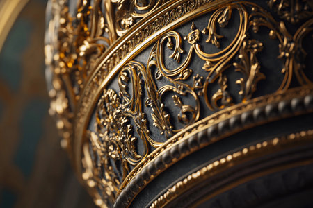 Golden elements intertwine with dark surfaces, revealing a rich heritage of artistry. Swirling lines and floral motifs blend harmoniously, capturing timeless elegance in a majestic setting.の素材