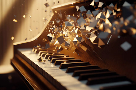 Geometric shapes burst forth from a grand piano, blending music and art in an enchanting display. The combination of light and shadow creates a mesmerizing atmosphere of dynamic creativity.の素材
