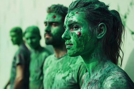 Amidst a lively street art event, participants covered in green paint stand together, expressing creativity and unity.の素材
