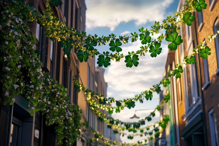 Colorful shamrocks hang gracefully above charming streets, creating a festive atmosphere. As sunlight filters through, their lush greenery attracts attention and embodies a joyful celebration of life.の素材