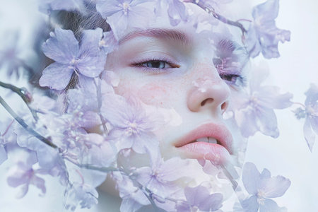 A captivating double exposure art piece showcases a woman's delicate features intertwined with soft purple flowers. The blend creates a dreamlike aura that evokes tranquility and connection to nature.の素材