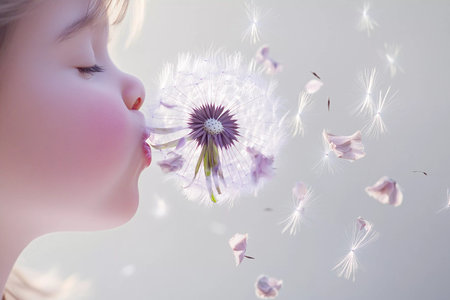 With a tender breath, a child softly blows on a light purple dandelion, releasing delicate seeds that dance in the air. This enchanting moment captures the essence of spring and whimsy.の素材