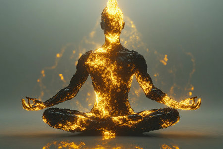 A captivating art figure sits in a graceful lotus position, surrounded by a glow of golden light. Tranquility fills the air as energy radiates from the figure in a meditative state.の素材