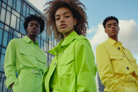 Three fashion-forward models don eye-catching lime attire, exuding confidence and style. Surrounded by sleek urban architecture, they pose against a bright sky, embodying contemporary fashion trends.の素材