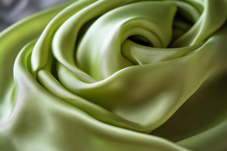 Soft lime-colored silk scarf is gracefully arranged, showcasing its luxurious material and sheen. The delicate folds create a sense of tranquility, inviting touch and admiration.の素材