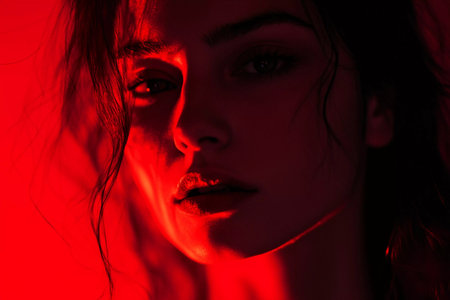 Illuminated by a striking red light, a woman's face showcases a blend of mystery and allure. Her half-shadowed visage invites curiosity and evokes emotion in this artistic portrayal.の素材